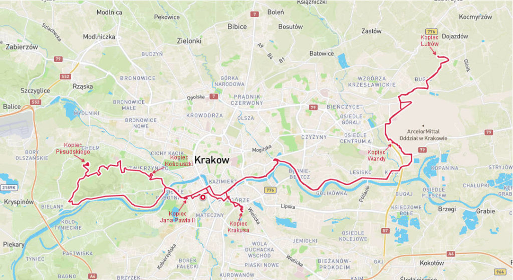 Kopce w Krakowie, mapa